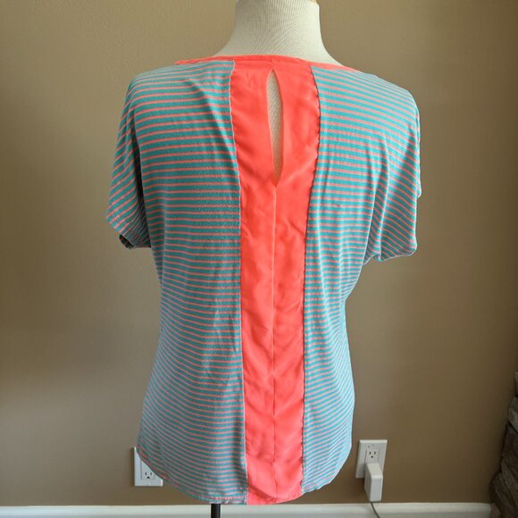 Robin-K teal blue/bright peach striped scoop neck short sleeve t-shirt - Picture 3 of 6